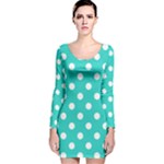 Polka Dots - White on Turquoise Long Sleeve Velvet Bodycon Dress