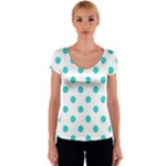 Polka Dots - Turquoise on White Women s V-Neck Cap Sleeve Top