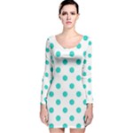 Polka Dots - Turquoise on White Long Sleeve Velvet Bodycon Dress