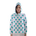 Polka Dots - Turquoise on White Hooded Wind Breaker (Women)