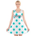 Polka Dots - Cyan on White V-Neck Sleeveless Dress