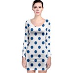 Polka Dots - Dark Cerulean on White Long Sleeve Bodycon Dress