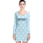 Polka Dots - White on Light Blue Long Sleeve Velvet Bodycon Dress