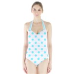 Polka Dots - Electric Blue on White Women s Halter One Piece Swimsuit