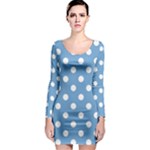 Polka Dots - White on Iceberg Blue Long Sleeve Bodycon Dress