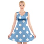 Polka Dots - White on Iceberg Blue V-Neck Sleeveless Dress