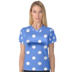 Polka Dots - White on Cornflower Blue Women s V-Neck Sport Mesh Tee