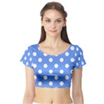 Polka Dots - White on Cornflower Blue Short Sleeve Crop Top (Tight Fit)