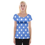 Polka Dots - White on Cornflower Blue Women s Cap Sleeve Top