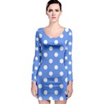 Polka Dots - White on Cornflower Blue Long Sleeve Bodycon Dress