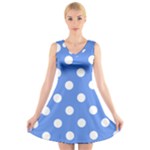 Polka Dots - White on Cornflower Blue V-Neck Sleeveless Dress