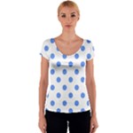 Polka Dots - Cornflower Blue on White Women s V-Neck Cap Sleeve Top