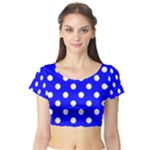 Polka Dots - White on Blue Short Sleeve Crop Top (Tight Fit)