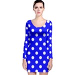 Polka Dots - White on Blue Long Sleeve Velvet Bodycon Dress