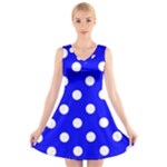 Polka Dots - White on Blue V-Neck Sleeveless Dress