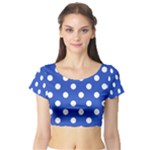 Polka Dots - White on Cerulean Blue Short Sleeve Crop Top (Tight Fit)