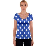 Polka Dots - White on Cerulean Blue Women s V-Neck Cap Sleeve Top