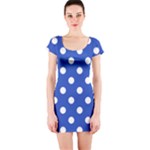 Polka Dots - White on Cerulean Blue Short Sleeve Bodycon Dress