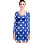 Polka Dots - White on Cerulean Blue Long Sleeve Bodycon Dress