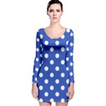 Polka Dots - White on Cerulean Blue Long Sleeve Velvet Bodycon Dress