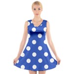 Polka Dots - White on Cerulean Blue V-Neck Sleeveless Dress