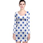 Polka Dots - Cerulean Blue on White Long Sleeve Bodycon Dress