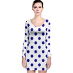 Polka Dots - Dark Blue on White Long Sleeve Velvet Bodycon Dress