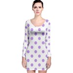 Polka Dots - Bright Lavender Violet on White Long Sleeve Velvet Bodycon Dress