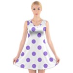 Polka Dots - Dark Pastel Purple on White V-Neck Sleeveless Dress