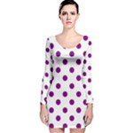 Polka Dots - Purple Violet on White Long Sleeve Velvet Bodycon Dress