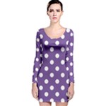 Polka Dots - White on Dark Lavender Violet Long Sleeve Velvet Bodycon Dress