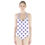 Polka Dots - Dark Lavender Violet on White Women s Halter One Piece Swimsuit