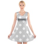 Polka Dots - White on Light Gray V-Neck Sleeveless Dress