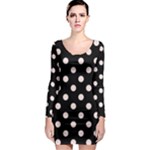 Polka Dots - Misty Rose Pink on Black Long Sleeve Bodycon Dress