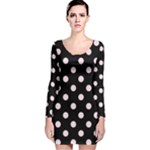 Polka Dots - Piggy Pink on Black Long Sleeve Velvet Bodycon Dress