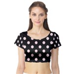 Polka Dots - Pale Pink on Black Short Sleeve Crop Top (Tight Fit)