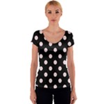 Polka Dots - Pale Pink on Black Women s V-Neck Cap Sleeve Top