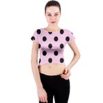 Polka Dots - Black on Classic Rose Pink Crew Neck Crop Top