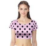 Polka Dots - Black on Classic Rose Pink Short Sleeve Crop Top (Tight Fit)