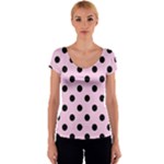 Polka Dots - Black on Classic Rose Pink Women s V-Neck Cap Sleeve Top