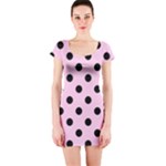 Polka Dots - Black on Classic Rose Pink Short Sleeve Bodycon Dress