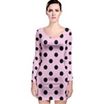 Polka Dots - Black on Classic Rose Pink Long Sleeve Bodycon Dress