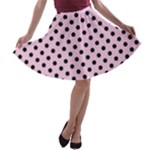 Polka Dots - Black on Classic Rose Pink A-line Skater Skirt