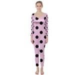 Polka Dots - Black on Classic Rose Pink Long Sleeve Catsuit