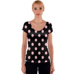 Polka Dots - Cherry Blossom Pink on Black Women s V-Neck Cap Sleeve Top