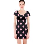 Polka Dots - Cherry Blossom Pink on Black Short Sleeve Bodycon Dress