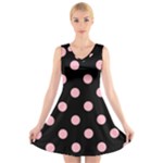 Polka Dots - Cherry Blossom Pink on Black V-Neck Sleeveless Dress