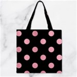 Polka Dots - Cherry Blossom Pink on Black Zipper Grocery Tote Bag