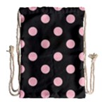 Polka Dots - Cherry Blossom Pink on Black Drawstring Bag (Large)