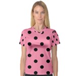 Polka Dots - Black on Flamingo Pink Women s V-Neck Sport Mesh Tee